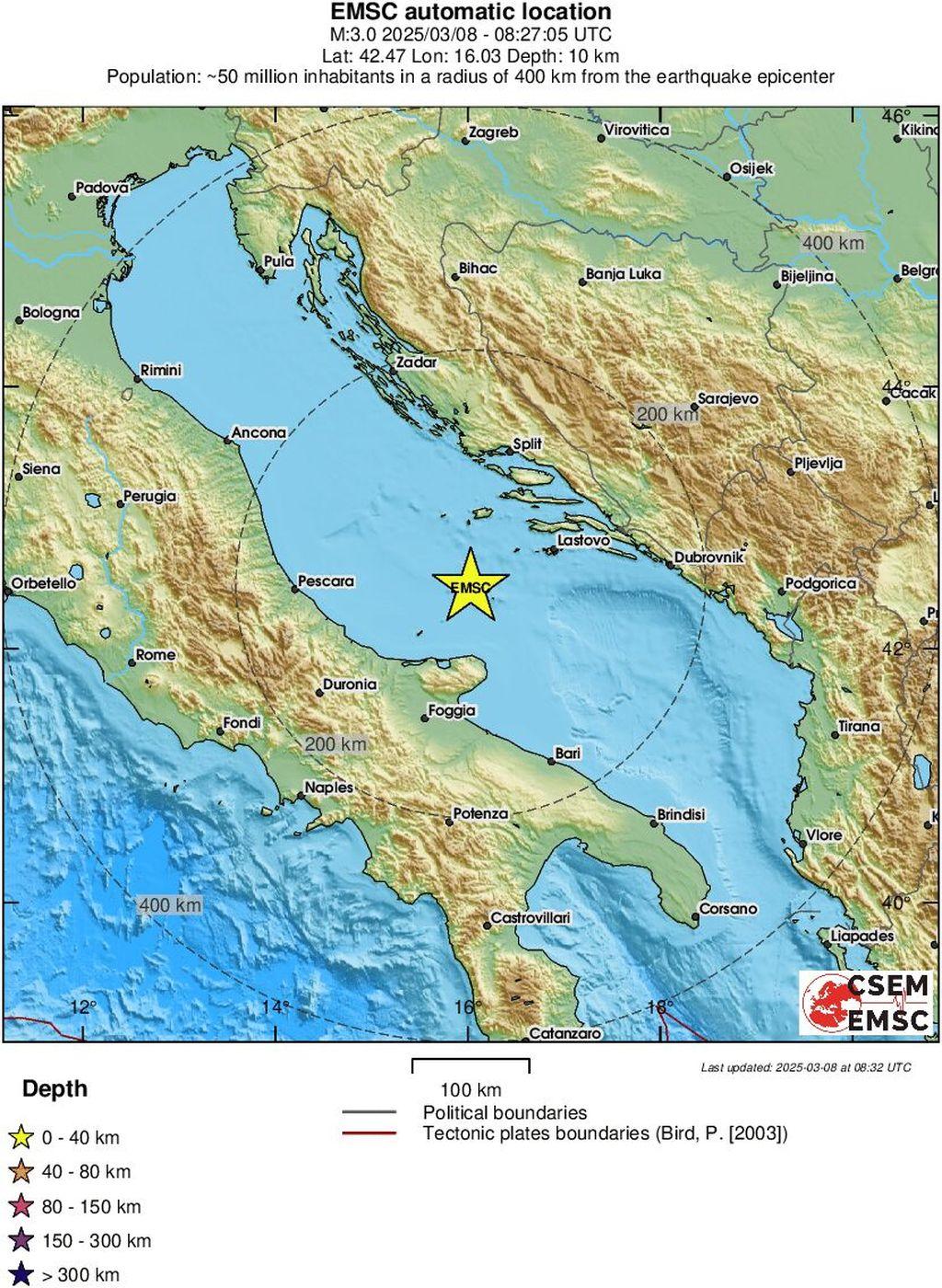 Potres u Jadranskom moru magnitude 3,3